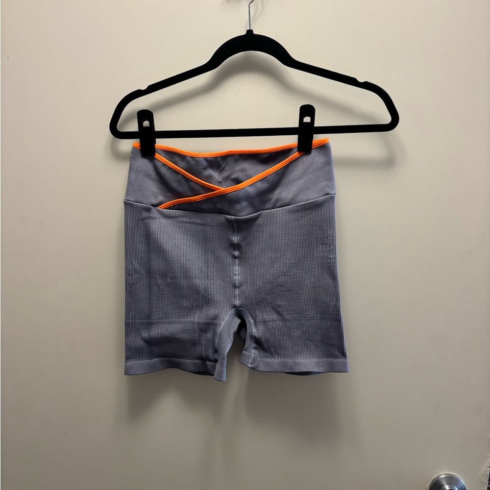 Free People High-Waist Gray Bike Shorts with Orange Trim